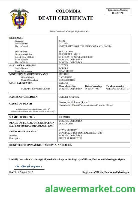 Colombia death certificate Word and PDF template